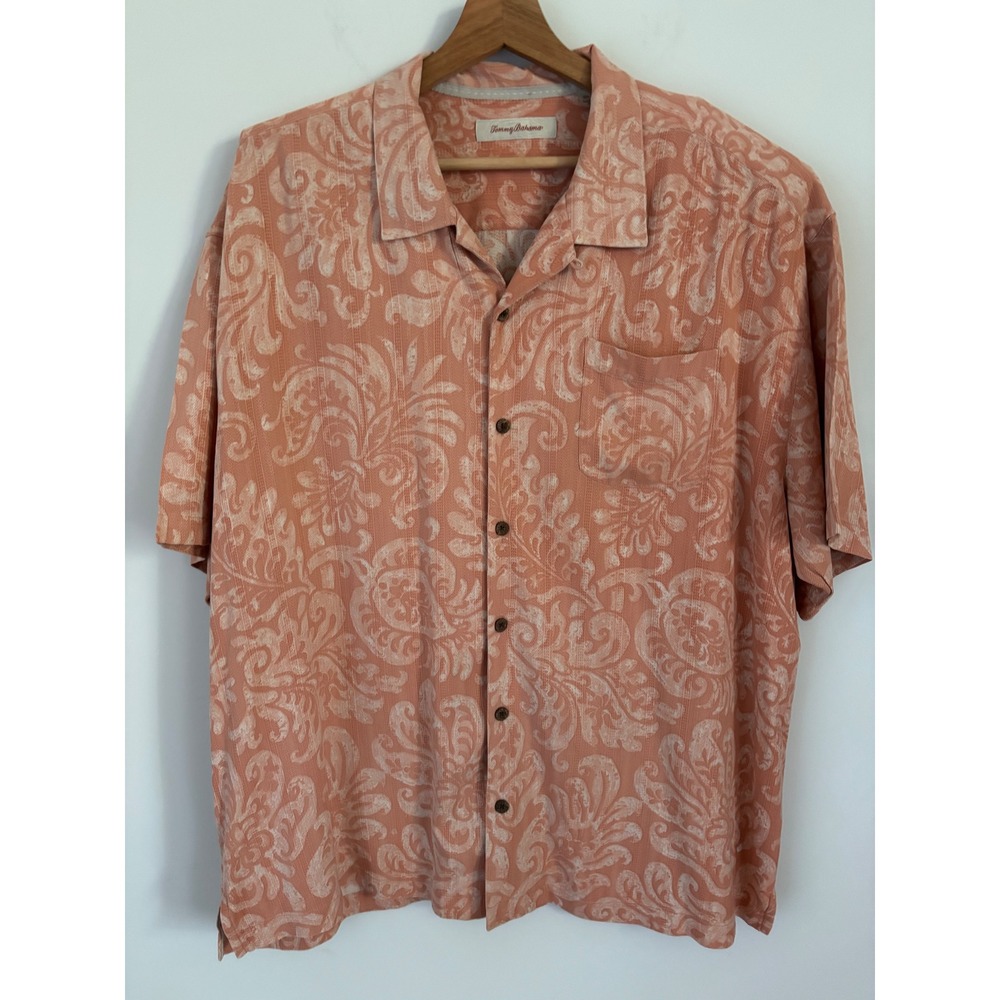 Tommy Bahama Mens XXL Silk Camp Shirt Coral Orange Tropical Paisley Floral